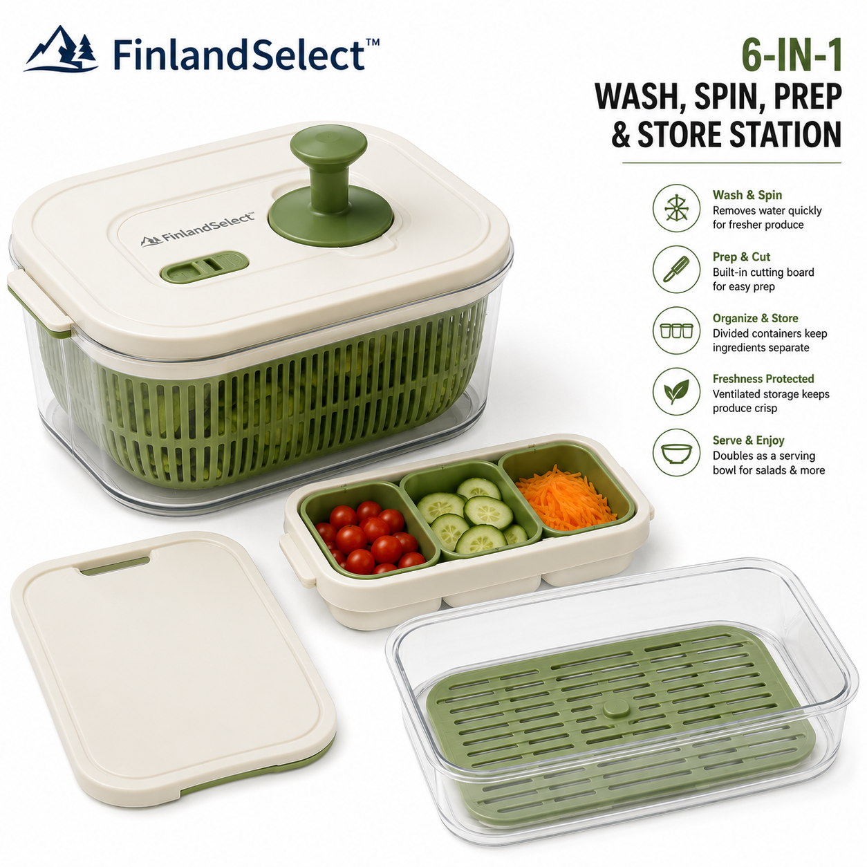 finlandselectvip™ 6-in-1 Fresh Produce Wash, Spin & Storage Station