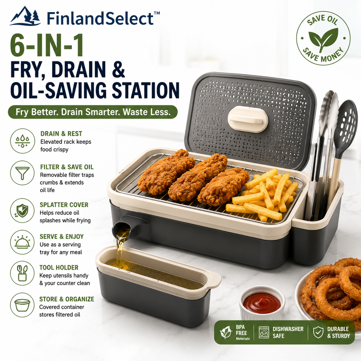 finlandselectvip™ 6-in-1 Fry, Drain & Oil-Saving Station